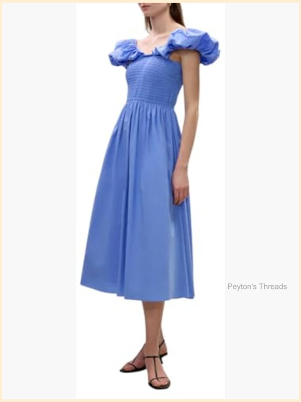 Puff Sleeve Smocked Bodice Midi Dress Cotton Poplin - Picture 5 of 7